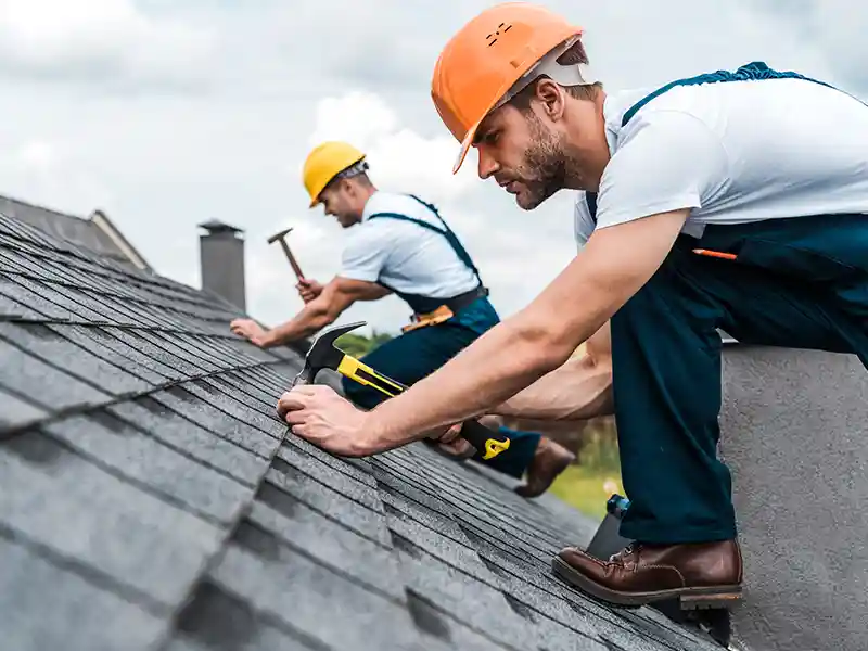 handyman repairing roof with coworker image
